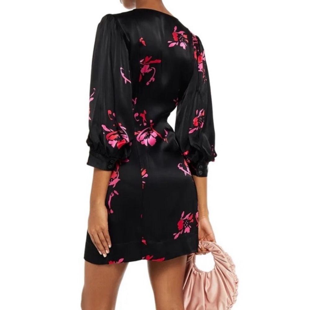 Ganni Crystal-Embellished Floral Print Satin Wrap Mini Dress Size 34 - Picture 2 of 5